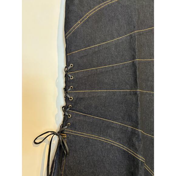 Vintage Y2K Denim Maxi Skirt Lace Up Asymmetrical Grunge Size 6 Dark Wash New - Picture 3 of 7